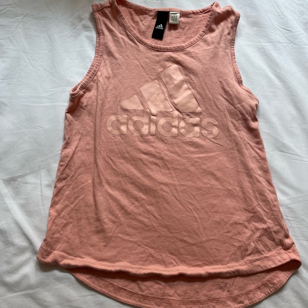 Girls Adidas Set, Pink tank and black patterned leggings